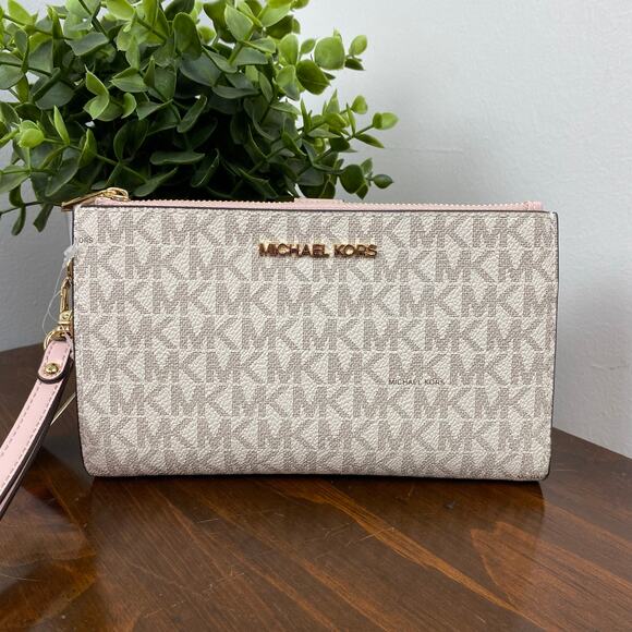 MICHAEL Michael Kors Handbags - Michael Kors Signature Powder Blush Jet Set Large Double Zip Wristlet